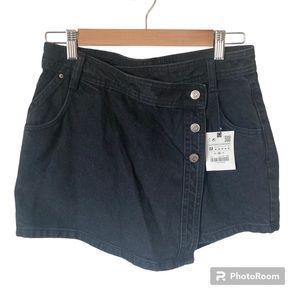 Zara NWT Black Wrap Button Denim Skort Size M